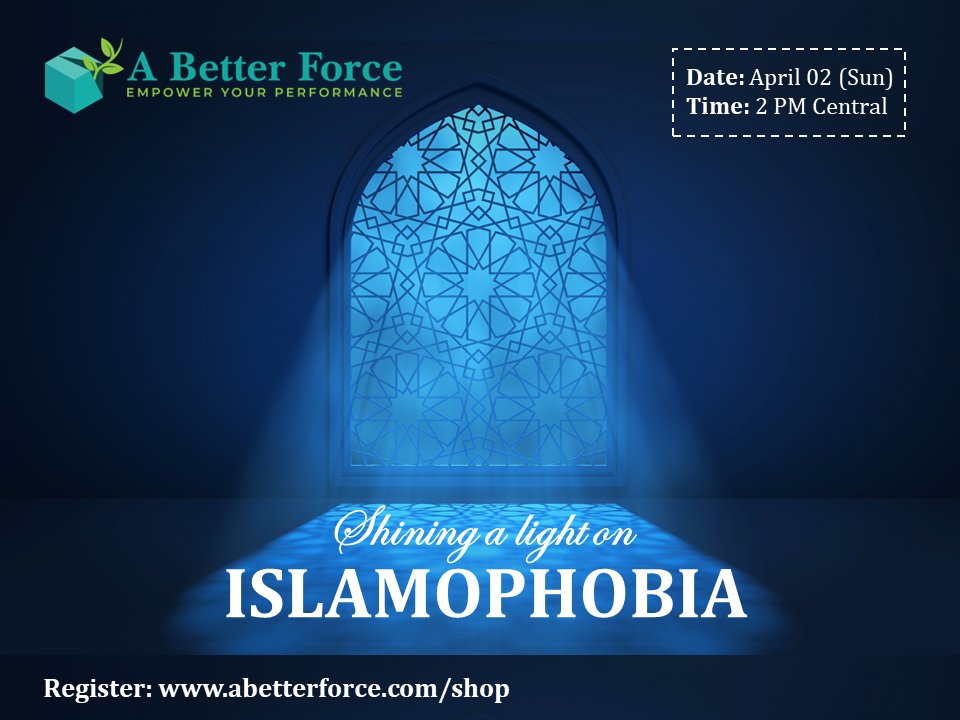aBetterForce's tweet photo. Islamophobia is a topic that often gets missed, even in safe and inclusive spaces. Join our workshop on April 02 (Sun) from 2.00 - 3.30 PM US CT to learn more about Islamophobia and how to counter it. Designed for both Muslims and non-Muslims. Sign up at https://t.co/ZKPPkUoG7p https://t.co/pjiGfks5B1