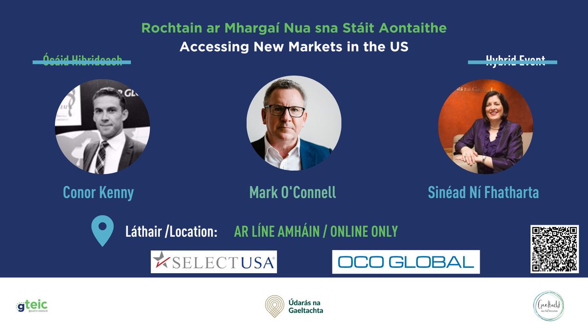Ócáid ar Líne Amháin de bharr réamhaisnéis drochaimsire 

Rochtain ar Mhargaí Nua sna Stáit Aontaithe

✅Conor Kenny <a href="/SelectUSA/">SelectUSA</a>
✅Mark O'Connell, <a href="/OCOGlobal/">OCO Global</a>
✅Sinéad Ní Fhatharta, <a href="/UdarasnaG/">Údarás na Gaeltachta</a>

Ticéidí bit.ly/3ZdCC3W