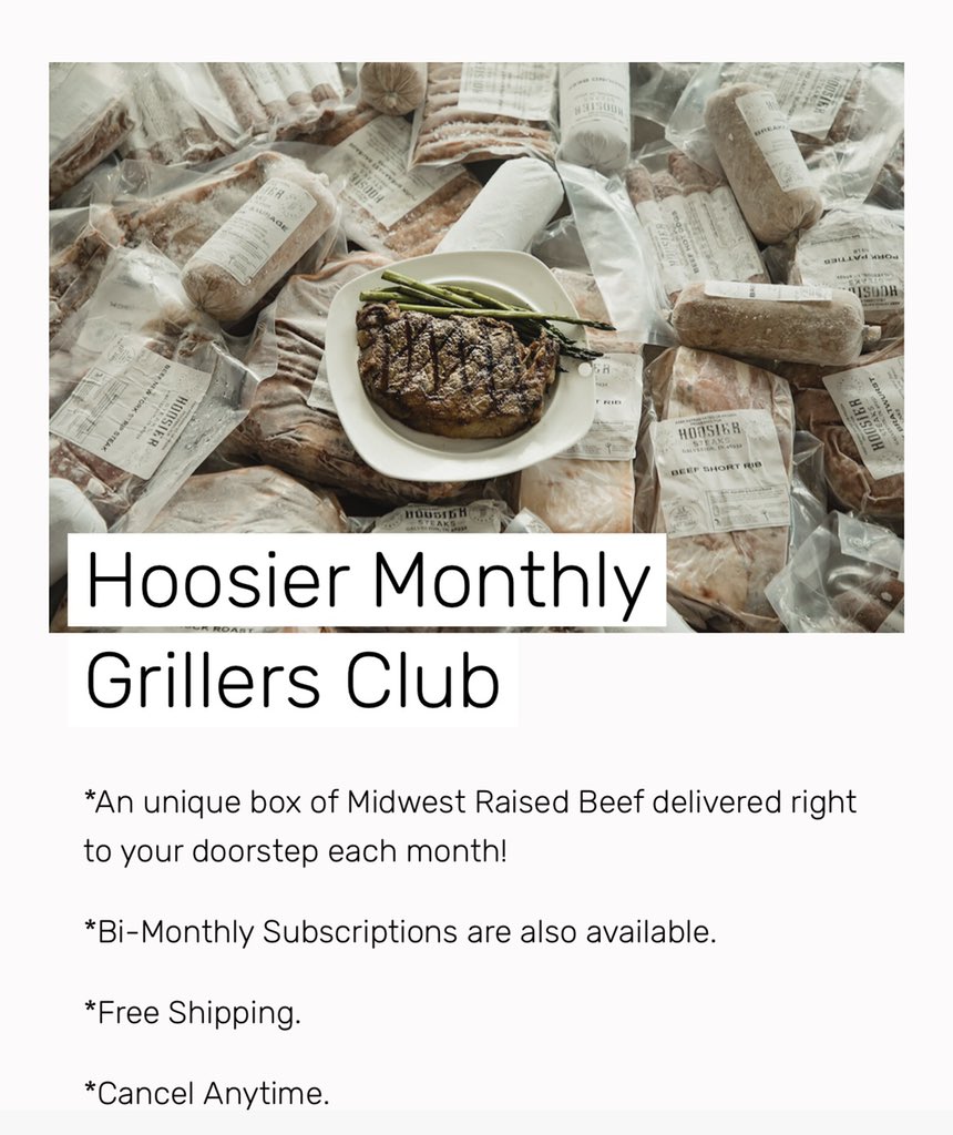Have you joined our club? The Hoosier Monthly Grillers Club is a monthly subscription service we offer. High quality beef and pork delivered right to your doorstep! Enjoy $10 off your first month’s box with code: GRILLER10. Available to ship nationwide. hoosiersteaks.com/hoosier-monthl…