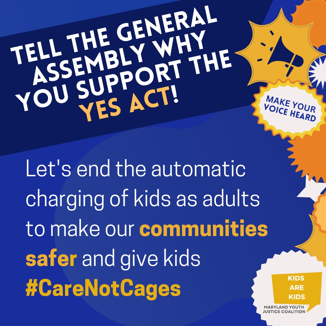 2⃣ Youth Equity & Safety Act 💛

Ends the practice of automatically charging children as adults in Maryland, ensuring every child starts their case in juvenile court #MDGA23 #CareNotCages #YESAct

TAKE ACTION ⤵️
act.advancemaryland.org/letter/2023-ye…