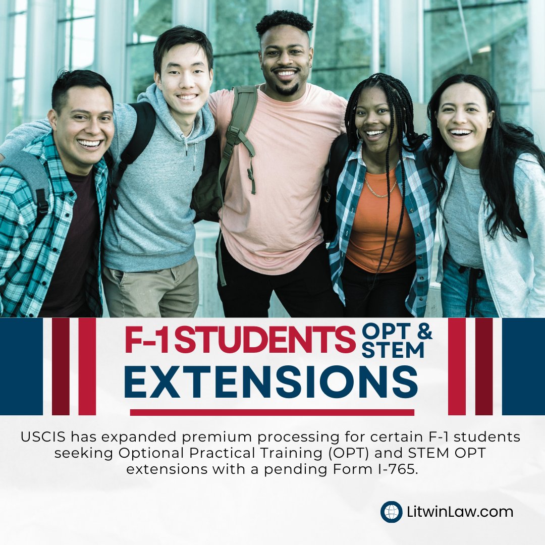 Litwin_Smith's tweet image. Great news for #F1students! USCIS has expanded premium processing for students seeking #OPT and #STEMOPT extensions. You can now request premium processing online or by mail using Form I-907 with a pending Form I-765. The expansion will occur in phases, simplifying the immigr ...