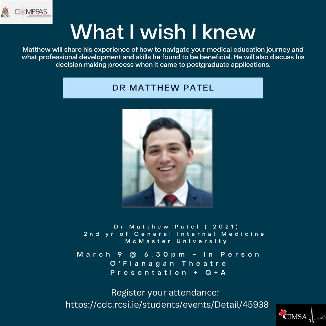 We are very excited be be welcoming Dr Matthew Patel back to RCSI in person this Thurs March 9th @ 18.30.  Please register your attendance via ow.ly/ZuYh50Nb7lc  We look forward to seeing you there #CIMSA