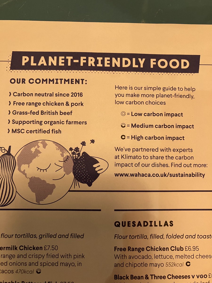 Carbon impact of foods on a menu of a restaurant I recently dined at. I think it affects what people choose to eat. Power of awareness!