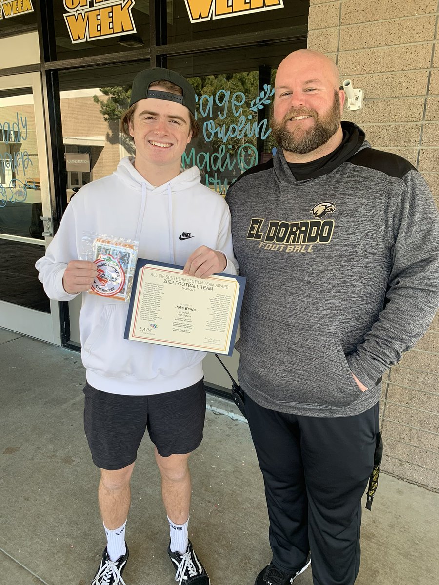 Congratulations Jake Bento All CIF Football and OCADA Athlete of Character w/ head coach Zack LaMonda! <a href="/OCADA714/">OCADA</a> <a href="/pylusd/">Placentia-Yorba Linda USD</a> <a href="/EDHS_athletics/">EDHS athletics</a> <a href="/EDHSFOOTBALL/">El Dorado HS Football</a>