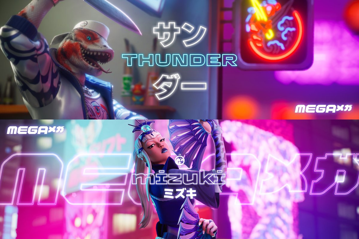 FireMonkey's tweet photo. How are we feeling about our first two teased #FortniteMEGA skins, Thunder and Mizuki? https://t.co/nzLuVIl3hQ