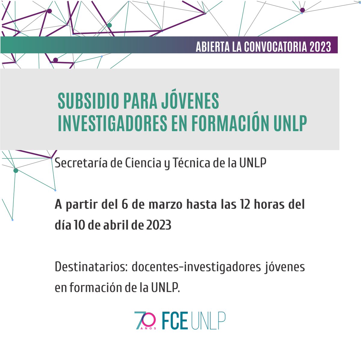 Hasta las 12 horas del 10/04/2023 se encontrará abierta la convocatoria 2023 a los subsidios para Jóvenes Investigadores en Formación de la UNLP.
➡️bitly.ws/B6Iu
<a href="/secytunlp/">Secretaría de Ciencia y Técnica UNLP</a> 
<a href="/economicas_unlp/">Ciencias Económicas UNLP</a>