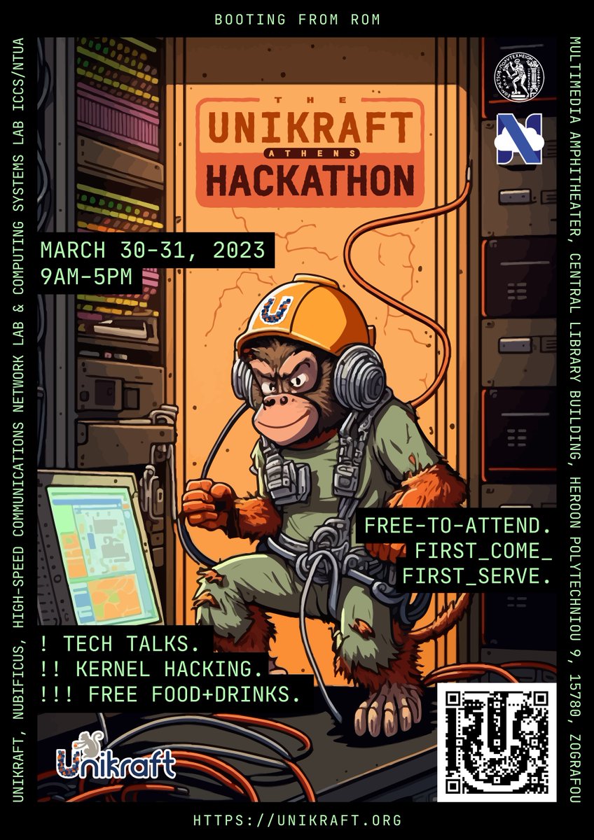 UnikraftSDK's tweet image. Ready. Set. HACK! 💻

The Unikraft 2-day
 &amp;gt;&amp;gt;&amp;gt; Hackathon #Athens 🇬🇷🏛️
is this month!

It&apos;s⚡️ FREE-TO-ATTEND⚡️

&amp;gt; #UNIKERNEL TECH TALKS
&amp;gt;&amp;gt; KERNEL HACKING
&amp;gt;&amp;gt;&amp;gt; FREE FOOD+DRINKS!

&amp;gt; Learn more at unikraft.org/community/hack…