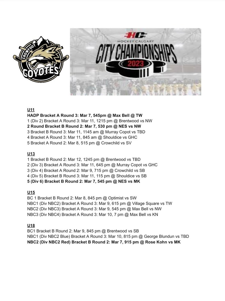 GOOD LUCK TO ALL OUR TEAMS! Go cheer them on!
#GoCoyotesGo
#Crowfoothockey 
#CityChampionships 
#yychockey
#2023Cities
#2023CityChampionship