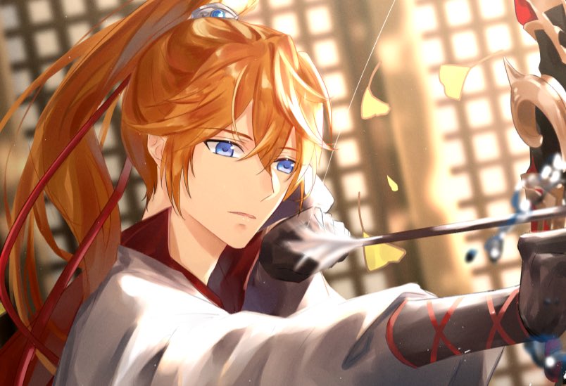tartaglia (genshin impact) 1boy male focus bow (weapon) weapon blue eyes holding bow (weapon) solo  illustration images