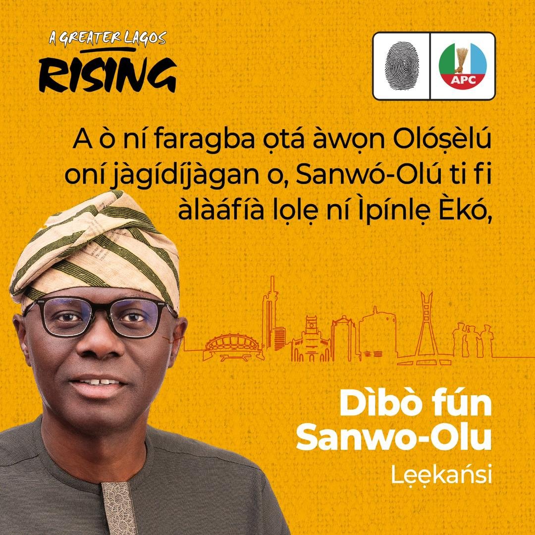 AbdulrahamanAj1's tweet photo. Àlàáfíà loòògùn ọrọ̀, b'ọ́ọ̀dẹ̀ ò dùn, bí ìgbẹ́ n'ìlú rí, kí ìjọba àlàáfíà le túnbọ̀ fìdí múlẹ̀ si, Dìbò fún Sanwó-Olú. 

#SanwoLekansi #Sanwoolu4Plus4 https://t.co/nVDOzMYyZb