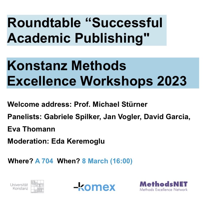 Tomorrow our roundtable “Successful Academic Publishing”  will take place as part of the #KOMEX2023 programme 🚀

We are so happy to have so many exciting guests with us 🙌🏻

@EvaThomann @dgarcia_eu @gabi_spilker @Jan_Vogler @eda_keremoglu 

You are invited to join this event 😇