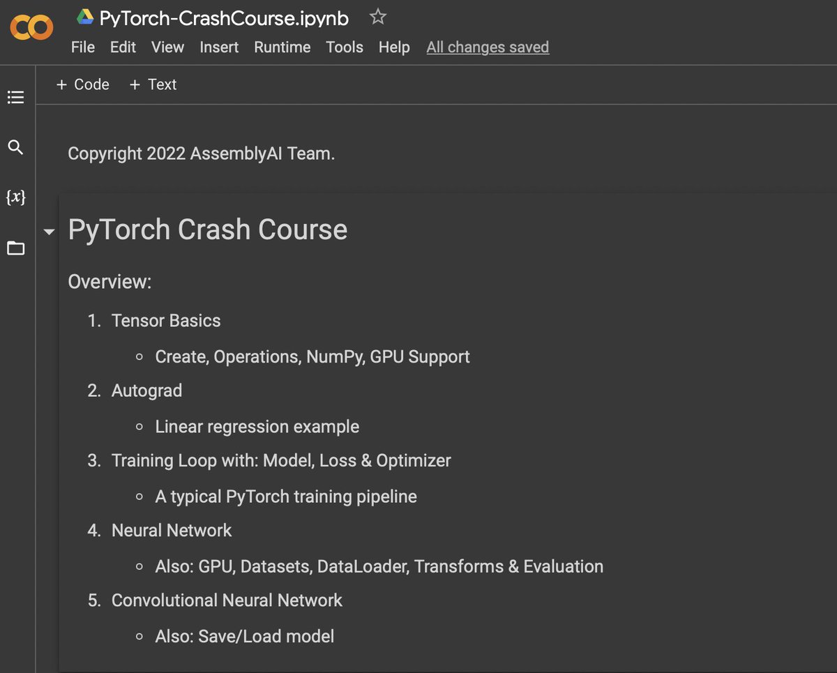 AssemblyAI's tweet image. Here&apos;s a Google Colab with a free PyTorch Crash Course:

colab.research.google.com/drive/1eiUBpmQ…