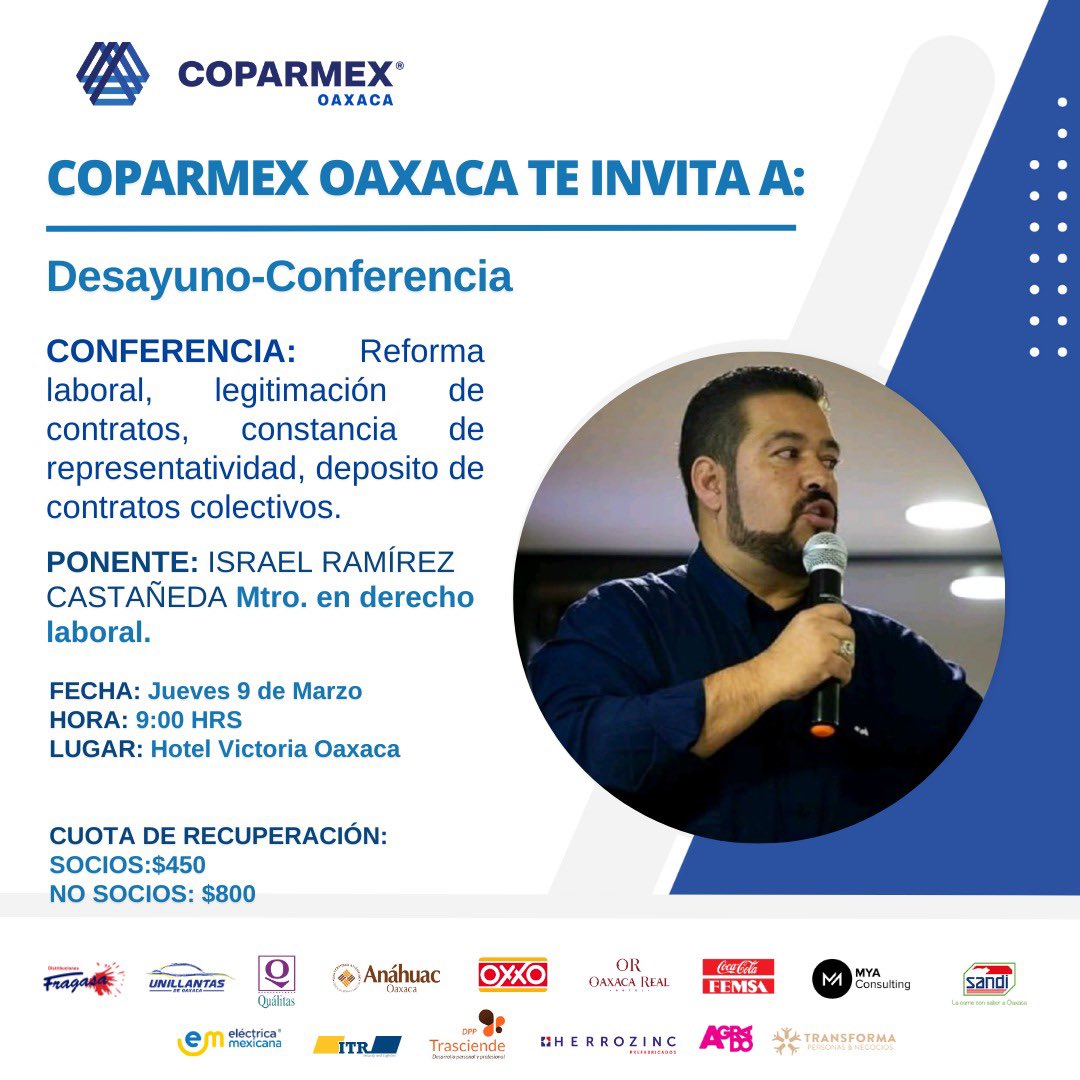 ESTIMADO SOCIO!

CONFERENCIA IMPERDIBLE: REFORMA LABORAL, LEGITIMACIÓN DE CONTRATOS, CONSTANCIA DE REPRESENTATIVIDAD Y DEPÓSITO DE CONTRATOS COLECTIVOS.

CUPO LIMITADO A LAS PRIMERAS 40 PERSONAS EN REGISTRARSE.

NO FALTES!
REGISTRO 👉🏼:
shop.cocoatechnologies.mx/DESAYUNOCONFER…