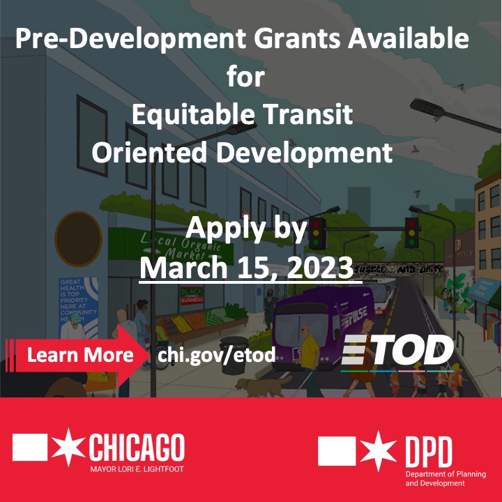 ChicagoDPD's tweet photo. 📢 APPLY NOW 📢 One week left to apply for ETOD pre-development grants. Apply before noon on 3/15: https://t.co/zs1epNtVpA To learn more about how the Connected Communities Ordinance supports ETOD: https://t.co/3qVpImIjFt
#Chicagorecovery #chicagorecoveryplan https://t.co/GGlClGvfKn