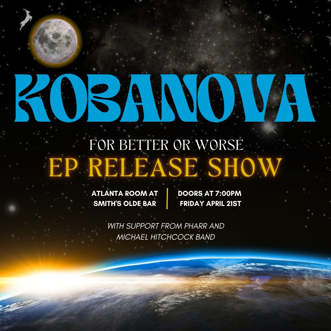 SmithsOldeBar's tweet photo. New on Sale! KOBANOVA EP RELEASE SHOW
Friday, April 21st - Atlanta Room

Atmospheric rock 'n roll from Atlanta, Georgia. 🦌💫 

Tickets: https://t.co/eeK18zpSCo https://t.co/EImCs5nIKS