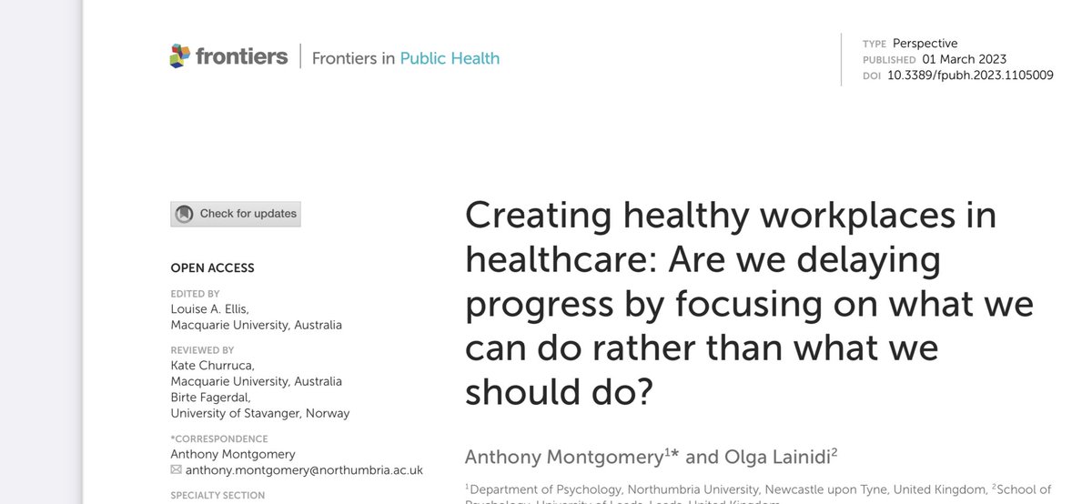 There is a scramble to address #burnout in #healthcare staff.

Are efforts being held back by a quick fix mindset, though?

Is there too much emphasis on measuring change, instead of recognising complexity?

Thoughtful article by <a href="/LainidiO/">Olga Lainidi</a> &amp; <a href="/monty5429/">Anthony Montgomery</a>

frontiersin.org/articles/10.33…