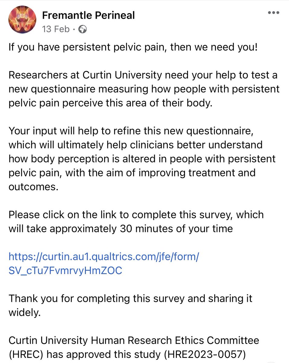Please RT.
If you have persistent pelvic pain please help us to understand it better by filling out this questionnaire: curtin.au1.qualtrics.com/jfe/form/SV_cT…