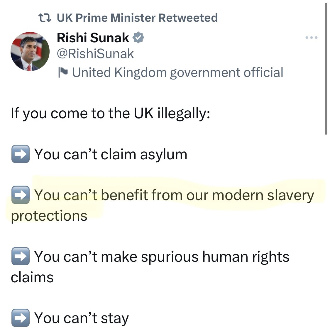 Utter barbarity. The shame I feel that the Prime Minister of this country is spouting shit like this. History will not judge us kindly.