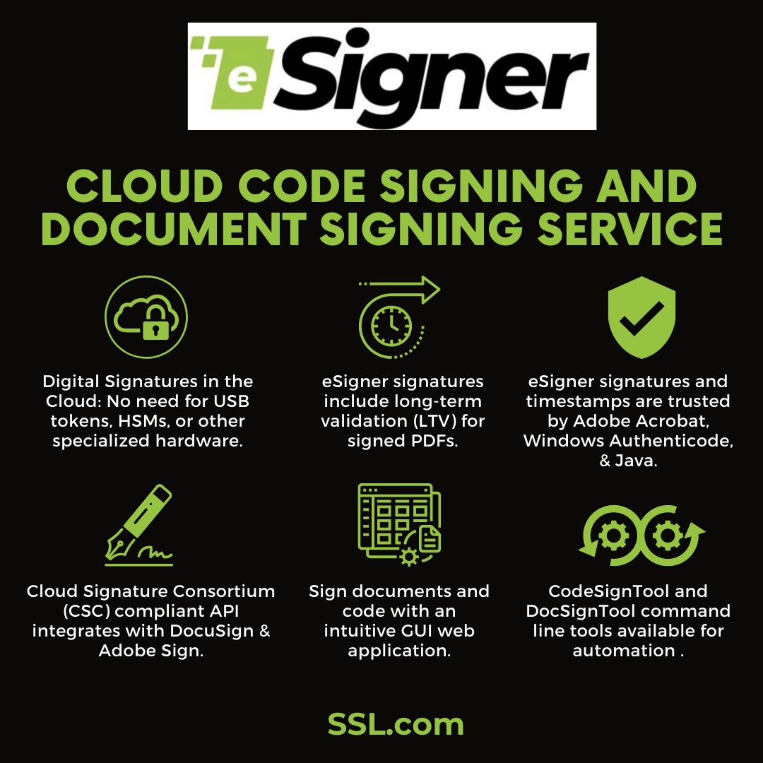 sslcorp's tweet image. eSigner is our cloud service for remote document signing and code signing. eSigner lets you conveniently add globally🌎 trusted digital signatures and timestamps to your documents📁 and code💻 from anywhere ow.ly/rpWE50Nb9KZ

#cloudsigning #codesigning #documentsigning