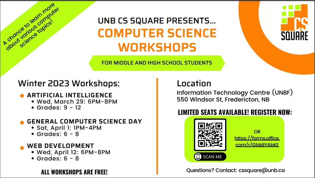 Checkout these upcoming workshops for Middle and High School students at UNB.