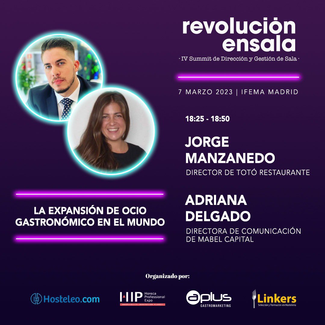 18:25 a 18:50 Ponencia “La expansión de ocio gastronómico en el mundo” Presenta: Marianela • Ponente: Jorge Manzanedo (no ha podido ser, pero enhorabuena por el 👶🏻Director de Totó restaurante. • Adriana Delgado, Directora de Comunicación de Mabel Capital 
⚫️ #HIP2023 | <a href="/expohip/">HIP 2026</a>