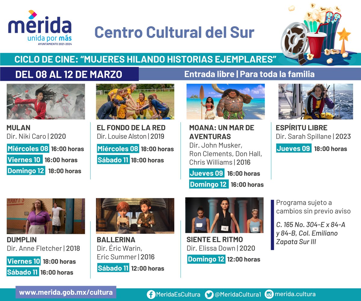 MeridaCultura1's tweet photo. Diferentes mujeres y personajes que luchan e inspiran para alcanzar sus metas son las protagonistas esta semana del Ciclo de #Cine en el Centro Cultural del Sur. Checa aquí las funciones y horarios y asiste en familia. ¡Entrada gratuita! #CCSur #HistoriasEjemplares @RenanBarrera https://t.co/K3pVR3VvDc