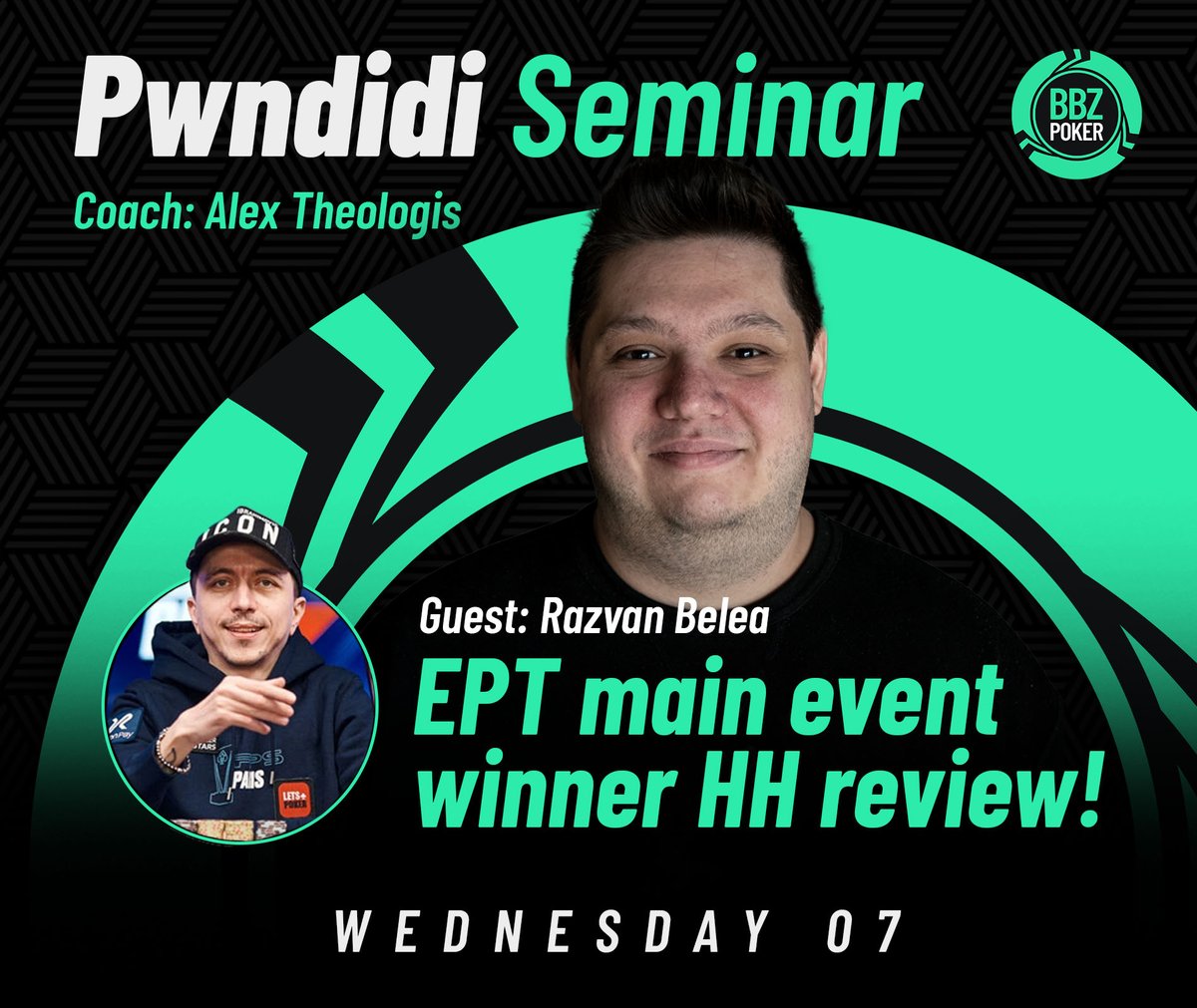 The EPT Winner, RazvyQQ, will be stopping by for our Wednesday Daily Seminar to review some of his hands from the tournament with none other than <a href="/AlexPwndidi/">Alex Theologis / Pwndidi</a> !! JUICY. Value-packed professional level coaching for just $60 per month.

⏺️All sessions recorded. Link in bio!