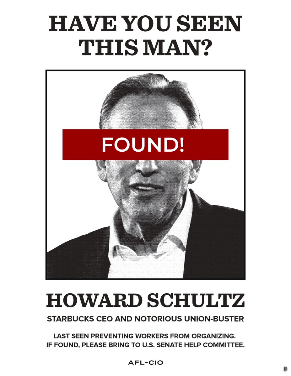 AFLCIO's tweet photo. 🚨FINALLY: @Starbucks CEO Howard Schultz has agreed to testify before Senate HELP Committee about his illegal union-busting. 

Get your popcorn ready for March 29. https://t.co/PLPSFLyCAE