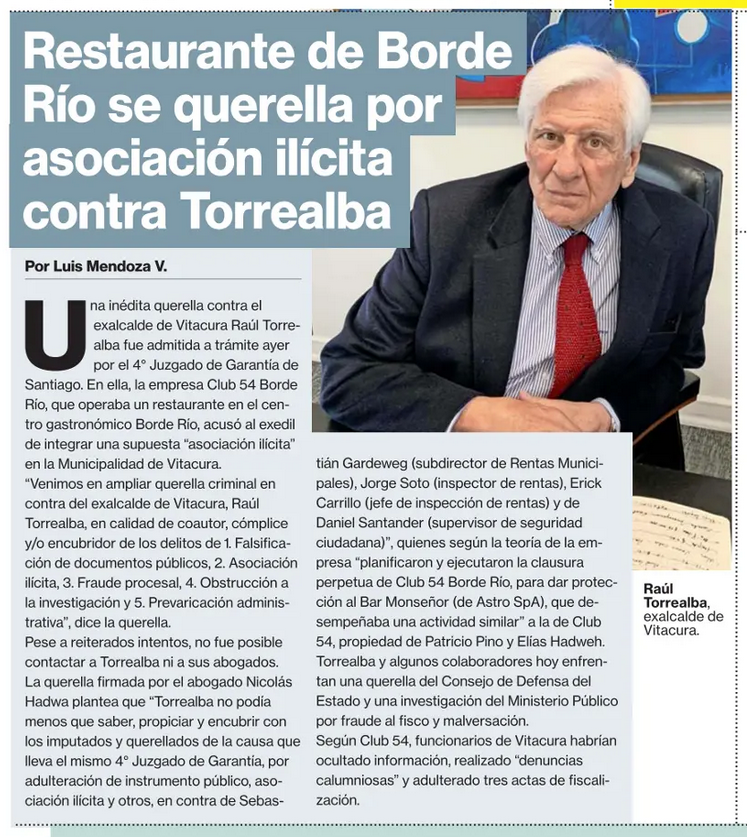 BotCheckerCL's tweet photo. Raúl Torrealba acusado de "Asociación Ilícita", se le acusa de favorecer al Bar Monseñor, "clausurando a perpetuidad" Club 54 (la competencia) mediante: 

-Denuncias falsas
-Falsificación de actas de fiscalización
-Ocultamiento de información

RN siendo RN https://t.co/L8V5HFE4J1