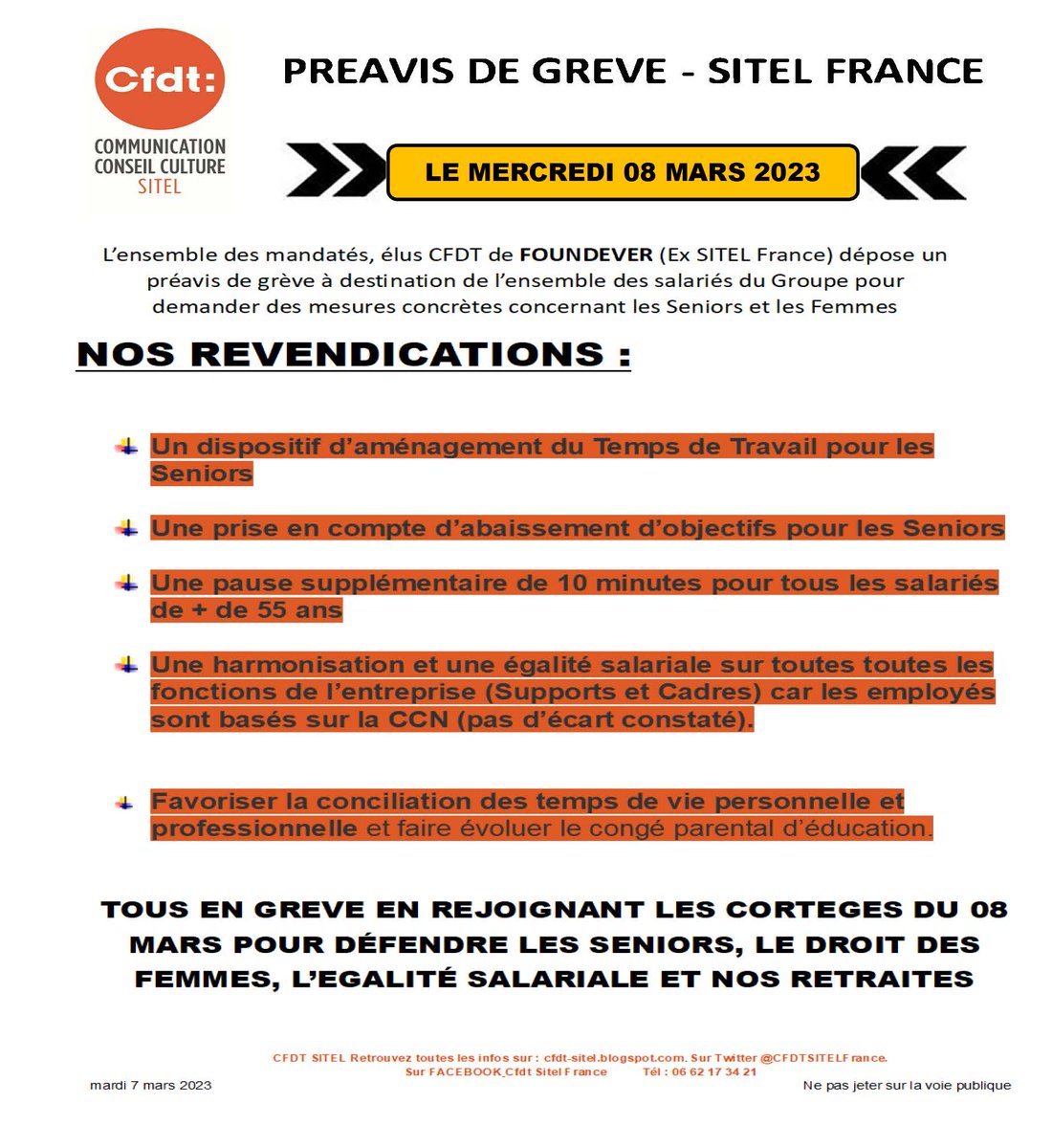 || Journée du 08 mars 2023 - Sitel ||
Préavis de grève déposé :
✅protéger les Seniors
✅améliorer le droit des femmes
✅défendre notre système de protection sociale
⚠️Journée de grève minimale de 6h45 (CNAS)⚠️
🔶Rejoignez les cortèges le 08 mars🔶