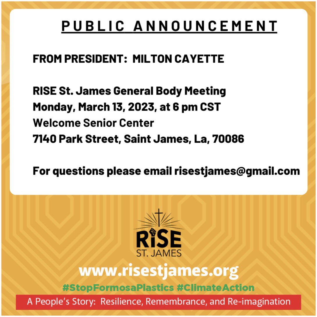 risestjames's tweet photo. The membership will convene on Monday, March 13th at 6 pm CST.
Everyone is welcome to attend.
#RISEStJames #RememberAndReclaim @SharonLavigne5 https://t.co/iBhwP3Lqgh
