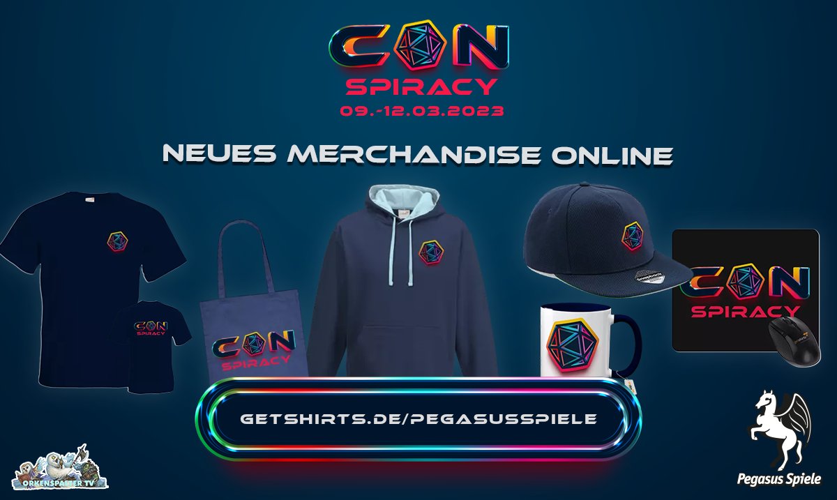 pegasusspiele's tweet photo. Neues Logo für unsere #pnpCONspiracy und das bedeutet: neues Merchandise in neuem Design.
T-Shirts, Hoodies, Kappen und mehr - Mit dem Code "conspiracy10" erhaltet ihr 10% Rabatt auf eure Bestellung auf https://t.co/rKfkCojvRI ! https://t.co/F6sUkALkVU