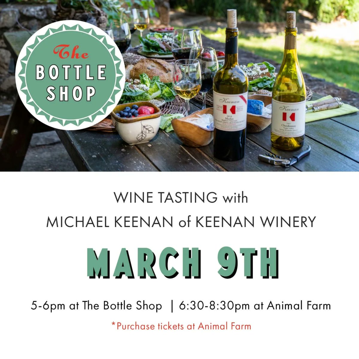 Be sure to join us Thursday (3/9) to meet Michael Keenan with @KeenanWinery and taste some of their amazing wines! Appetizers will be served with the wines for the Animal Farm portion with tickets available at the door. #CAwine #springmountain