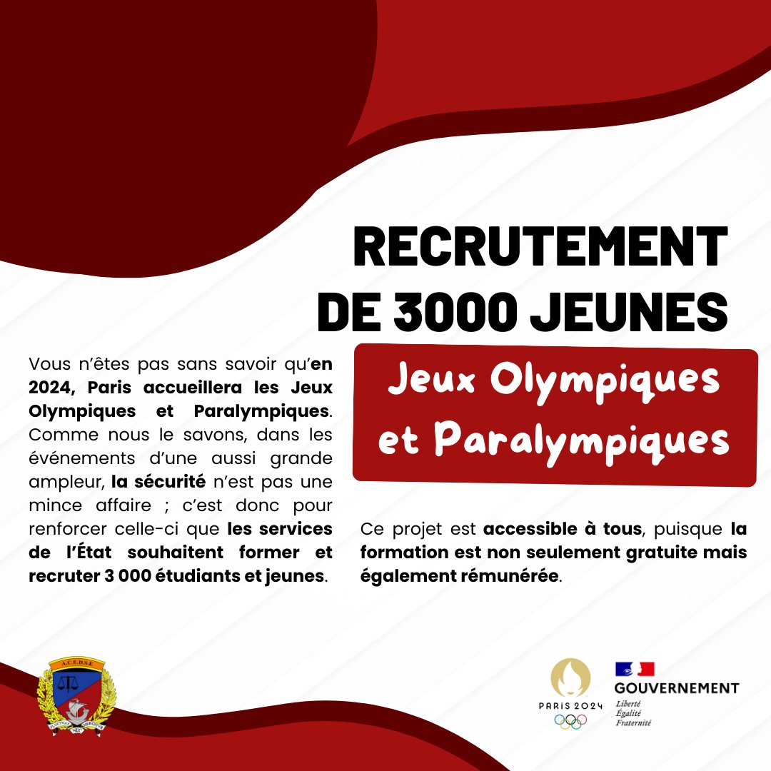 Chères étudiantes, chers étudiants,

À l’occasion des Jeux Olympiques et Paralympiques de Paris 2024 🏊‍♂️🚣🎿, l’État propose de former 3000 étudiants pour assurer la sécurité 👮‍♀️

C’est une belle opportunité qui vous est offerte alors profitez-en 😉
