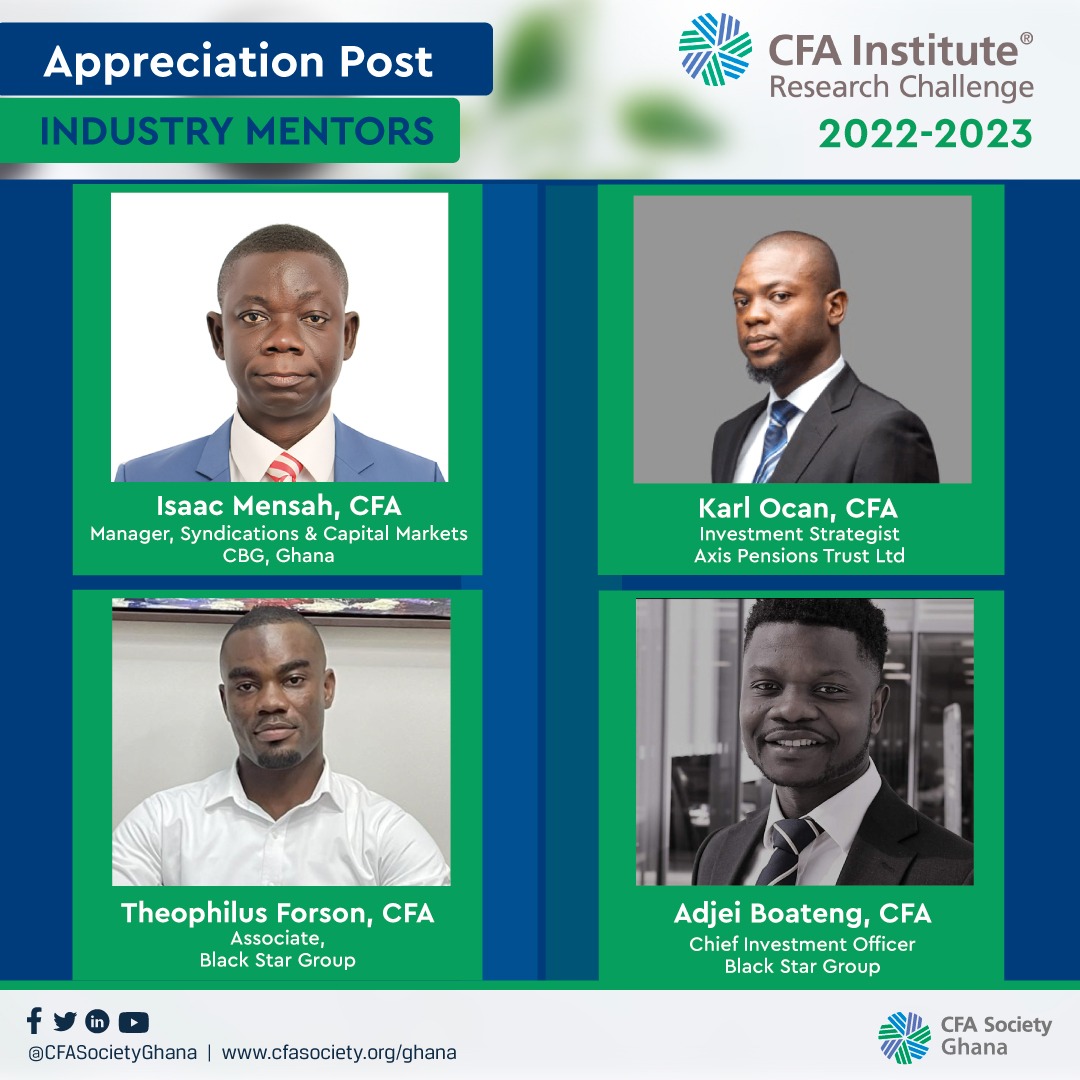CfaGhana's tweet photo. Meet our industry mentors for the 2022-2023 CFA Institute Research Challenge.
Isaac Kwaku Mensah, CFA, FMVA, Karl Ocran, CFA, Theophilus Forson, CFA and Adjei Boateng, CFA

Thank you for guiding the teams throughout the competition.

#cfasocietygh #cfainstituteresearchchallenge https://t.co/woLKPjyCsq