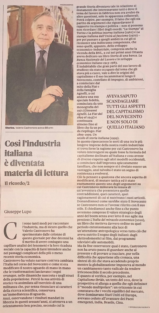 Sul @sole24ore di oggi ricordo #ValerioCastronovo, che negli ultimi sessant'anni ha raccontato il #Novecento industriale in articoli e libri.