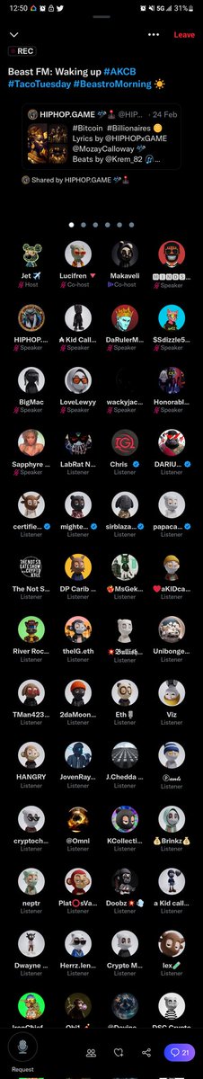 nyclabrats's tweet photo. Been outa #spaces for a while.. but had to pop in . Dope #HipHop space with

 @Jettothenext @0xLucifren @Makesllc @MakaveliDlaCruz @HIPHOPxGAME @AILovetru @DaRulerMM @Sdizzle562_ @bigmac_io @IAmStLewyy @Vongelic1 #lfg #trending #passingthrough #labratnation #NFTNYC2023 https://t.co/4ngnBkz1xV