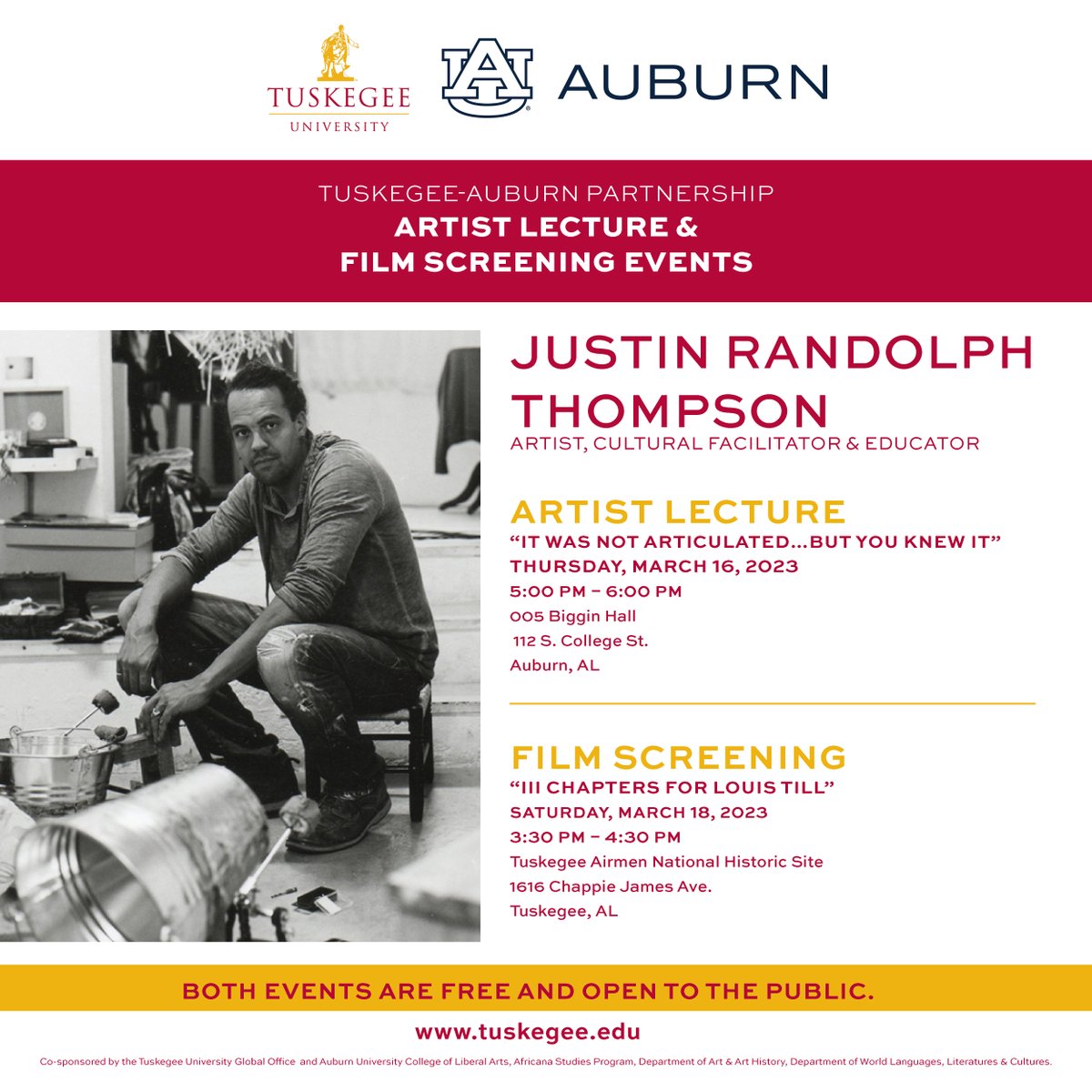 TUSKEGEE UNIVERSITY (@TuskegeeUniv) on Twitter photo 2023-03-07 18:00:27 In partnership with Auburn University, Tuskegee University will host artist Justin Randolph Thompson from March 15-22. The public is invited to attend the two free events. Read more at: tuskegee.edu/news/tuskegee-… #RYSTUSKEGEE In partnership with Auburn University, Tuskegee University will host artist Justin Randolph Thompson from March 15-22. The public is invited to attend the two free events. Read more at: tuskegee.edu/news/tuskegee-… #RYSTUSKEGEE
