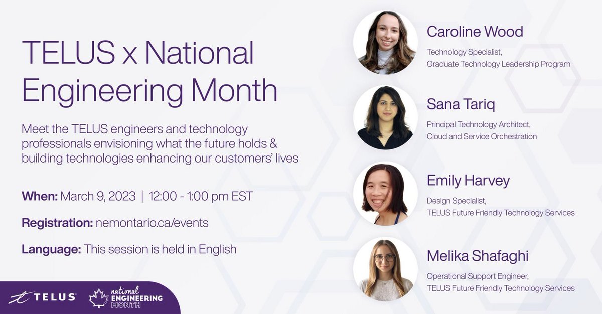 NEMOntario's tweet photo. Don't miss the virtual fireside chat hosted by @TELUS on March 9 at 12 PM ET, featuring inspiring women in technology. Hear about their #engineering journeys and gain insights into being a woman in tech. Register here: https://t.co/VYfYsU3rbw #NEM2023 #womenineng #WomenInSTEM https://t.co/DxeqknDQsq