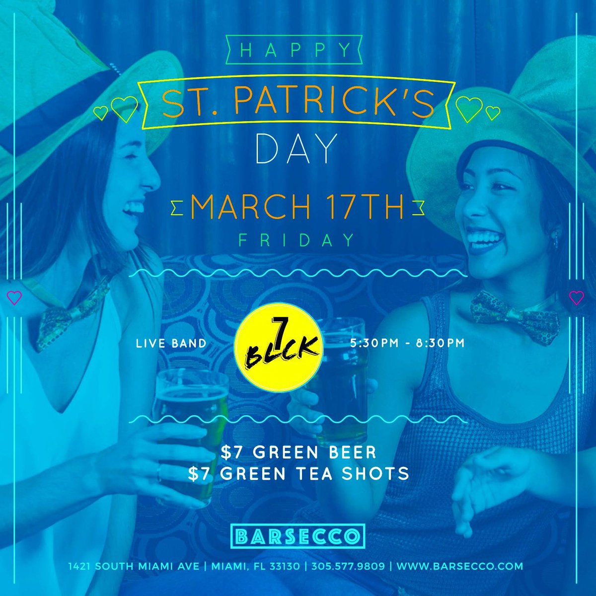 St. Patrick's Day party is only 10 days away!!! 🍀🍻

🍀 7blck live band - 5.30 pm to 8.30 pm
🍀 Happy Hour - 3 pm to 7 pm
🍀 $7 Green Beer all day
🍀 $7 Green Tea Shots all day

Bring your best irish outfit and celebrate with us!