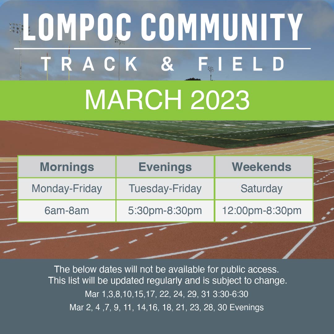 HealthyLompoc's tweet photo. Have you utilized the Lompoc Community Track and Field? Here are the March open hours and closures. https://t.co/6u8PJXrc5Q