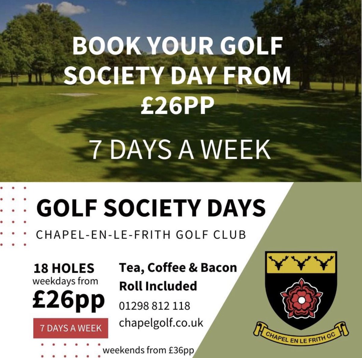 💚 Golf Societies 💚

🏌️Chapel Golf Club offers a warm welcome 7 days a week 🏌️

🧍‍♀️ Meet &amp; Greet
☕️ Tea &amp; Coffee
🥪 Bacon Sandwich
⛳️ 18 Holes
🏌️ 16+ = 1 x FREE green fee
🛺 Buggy hire (optional extra)
⛳️ Prices from £26pp midweek &amp; £36pp weekends