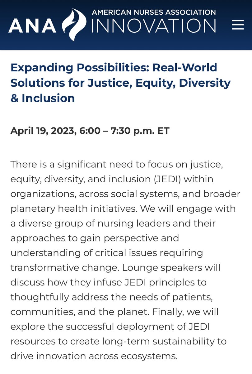 It’s always an honor to work with the American Nurses Association (ANA). Meet me in the ANA Innovation Lounge on April 19th! Register at the link below👇🏽👇🏽👇🏽👇🏽👇🏽

nursingworld.org/practice-polic…