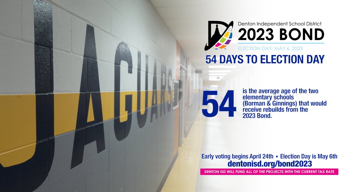 Election Day for the 2023 Bond is less than two months away. Replacement campuses for <a href="/GinningsElem/">Ginnings Elementary</a>  &amp; <a href="/FrankBormanElem/">Frank Borman School</a> are two of the larger projects proposed by the Citizens' Advisory Committee. Learn more by visiting dentonisd.org/2023bond