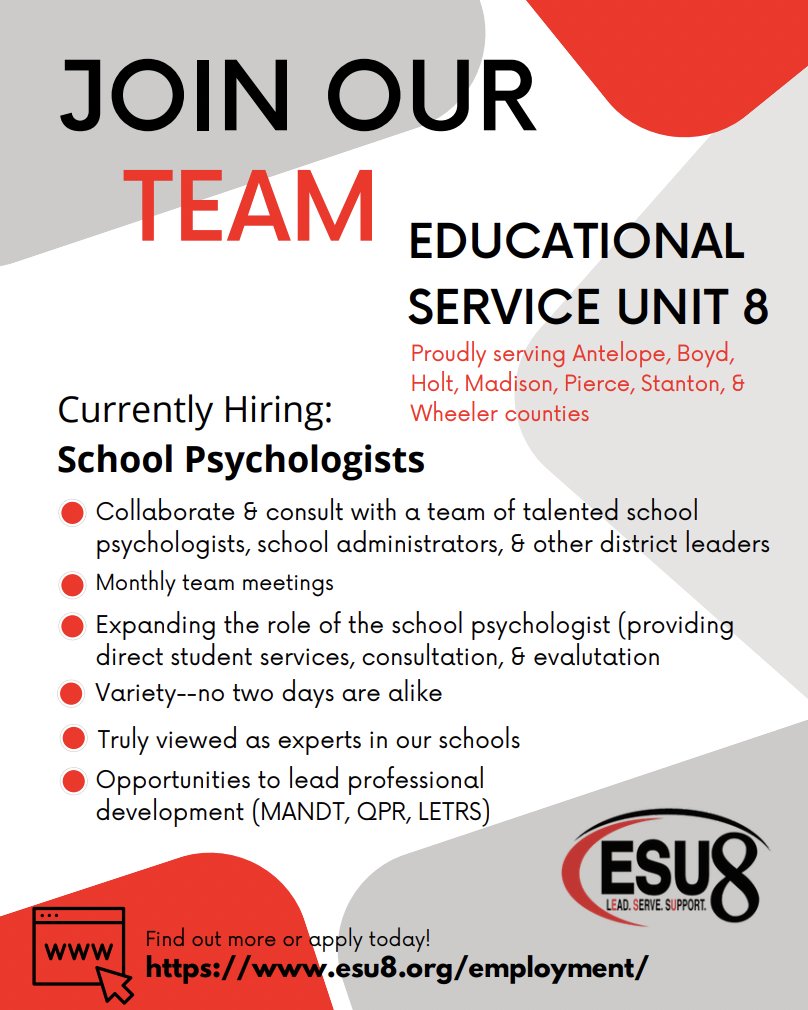 Do you want to be part of a dynamic team of school psychologists? ESU 8 is currently taking applications for full, part-time, or intern school psychologists. <a href="/esu8/">ESU 8</a> #esu8ne

Find all our current job postings here: lnkd.in/ghrSH2kP