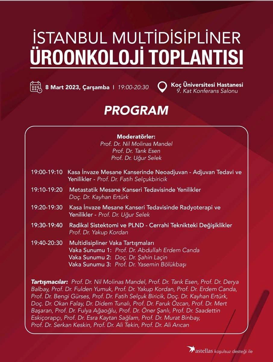 Koç Üniversitesi, İstanbul Üniversitesi Çapa Tıp, Acıbadem Üniversitesi Halkalı Hastanesi ve Memoriai Şişli Üroloji Üroloji bölümleri ortak İstanbul Multidisipliner Üroonkoloji Toplantısı bu kez Koç Üniversitesi Hastanesinde düzenleniyor. Katılım ücretsizdir