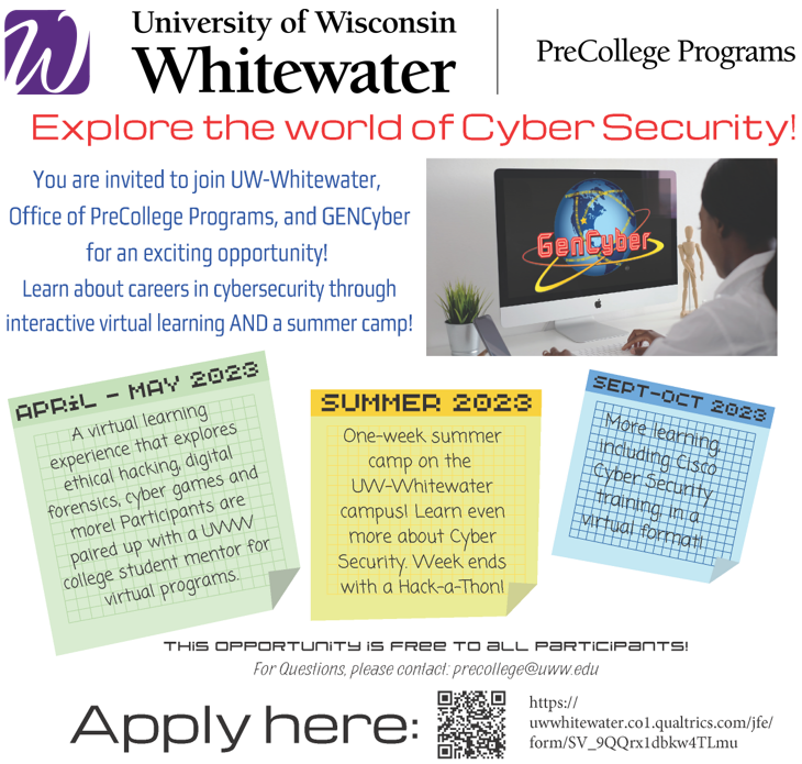 UWWPreCollege's tweet image. Join us for the GenCyber Program!  Training the next generation of cybersecurity specialists with instruction from UWW faculty!  Virtual Spring/Fall and one-week in-person camp July 9 - 14, 2023 - FREE to all! #UWWprecollege #GenCyber #cybersecurity #suumercamp