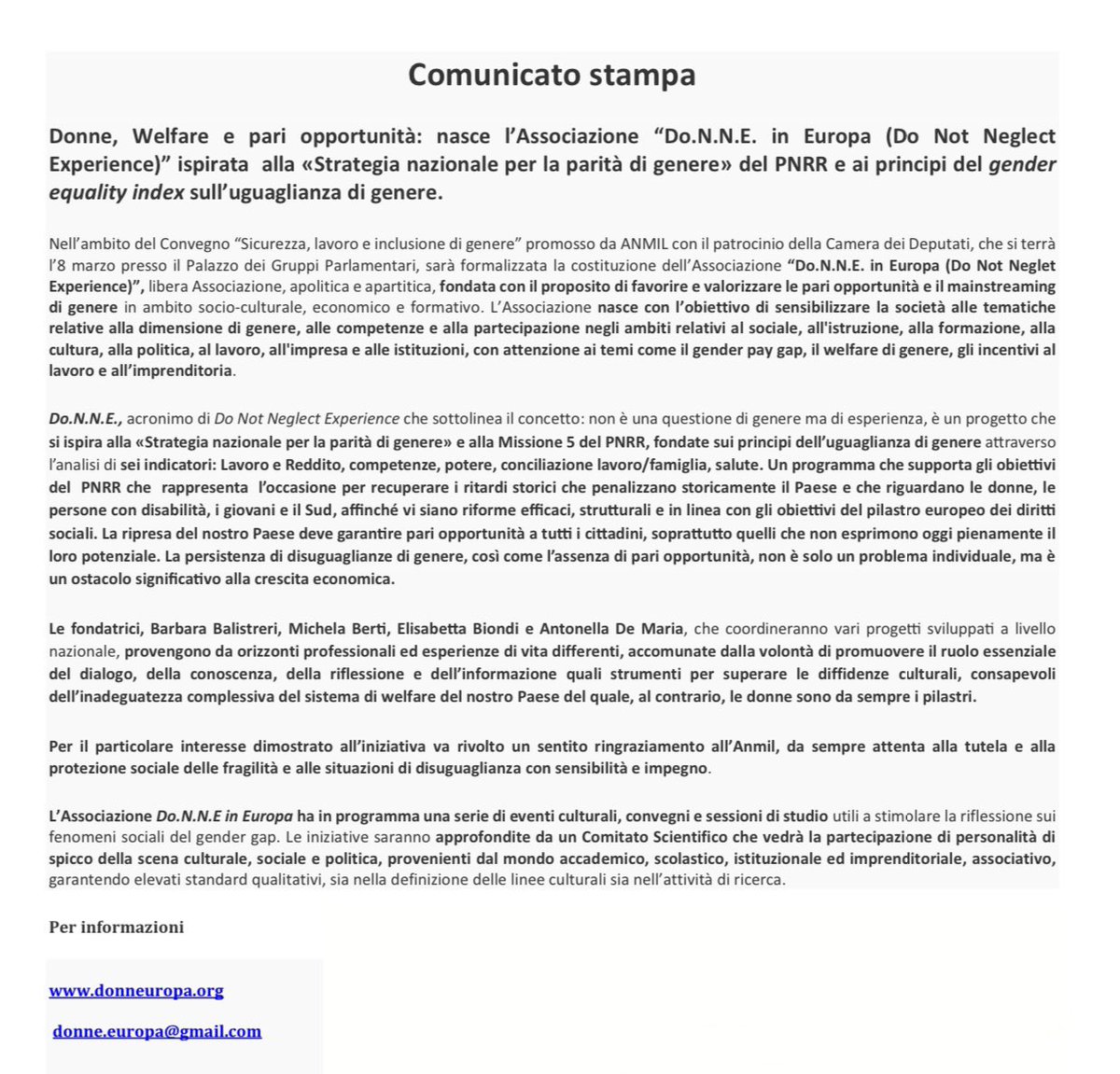 BarbaraBali_'s tweet photo. #8marzo Nasce “Do.N.N.E. in Europa” (Do Not Neglect Experience) per favorire e valorizzare le pari opportunità, ispirata alla Strategia nazionale per la parità di genere,alla Missione5 del PNRR ai principi del gender equality index su uguaglianza di genere https://t.co/Gqui9mCAwg https://t.co/nKk0TSczS2