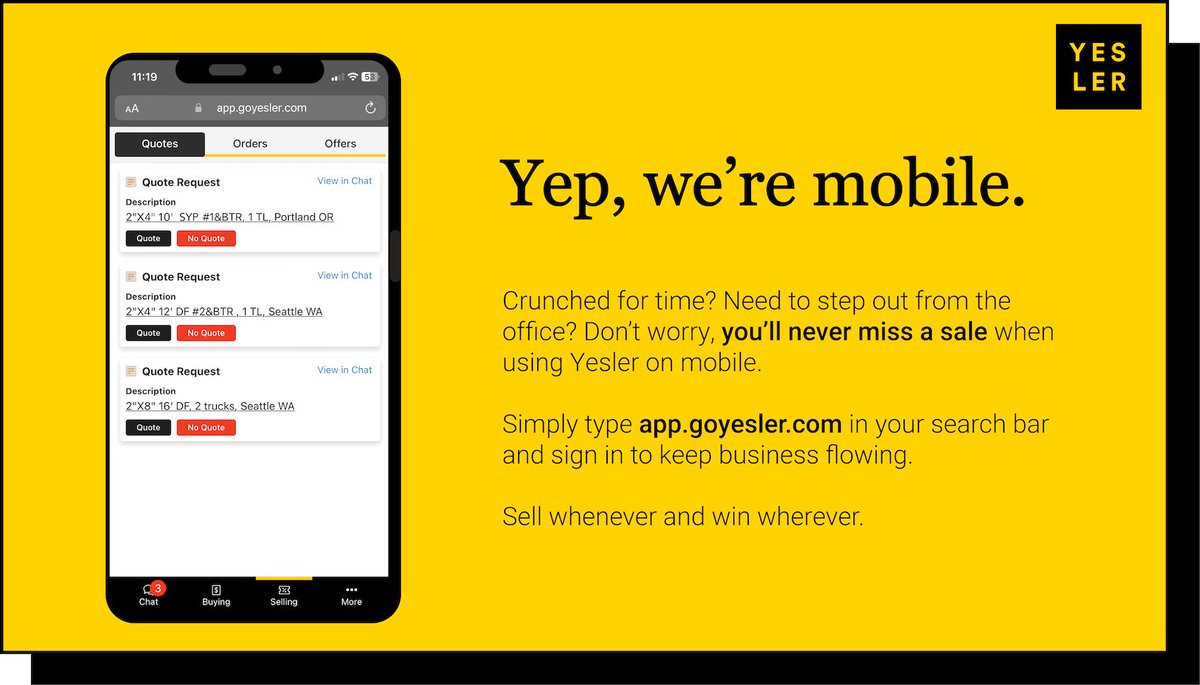 Not yet using Yesler for #lumber trading?  Schedule a demo (calendly.com/yesler-custome…) or create an account at app.goyesler.com/join 💛🤝