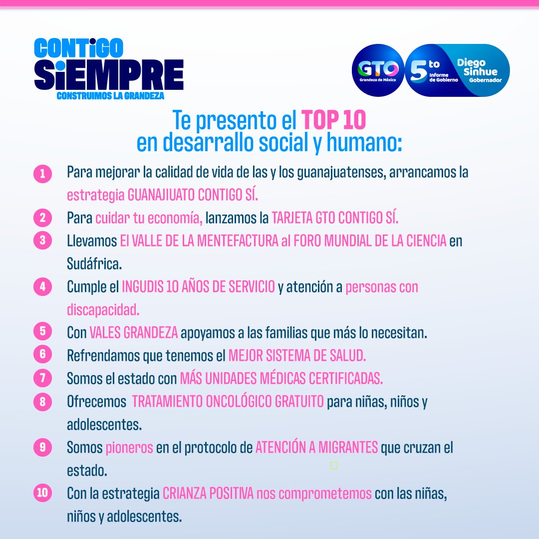 saludgobgente's tweet photo. Te presentamos el #TOP10 donde se refleja lo que se ha hecho en el último año de trabajo del Gobierno del Estado en materia de Salud.
#ContigoSiempre
#InformeDS
#5toInformeDS
#SistemaDeSaludGto https://t.co/VZf08LlKte
